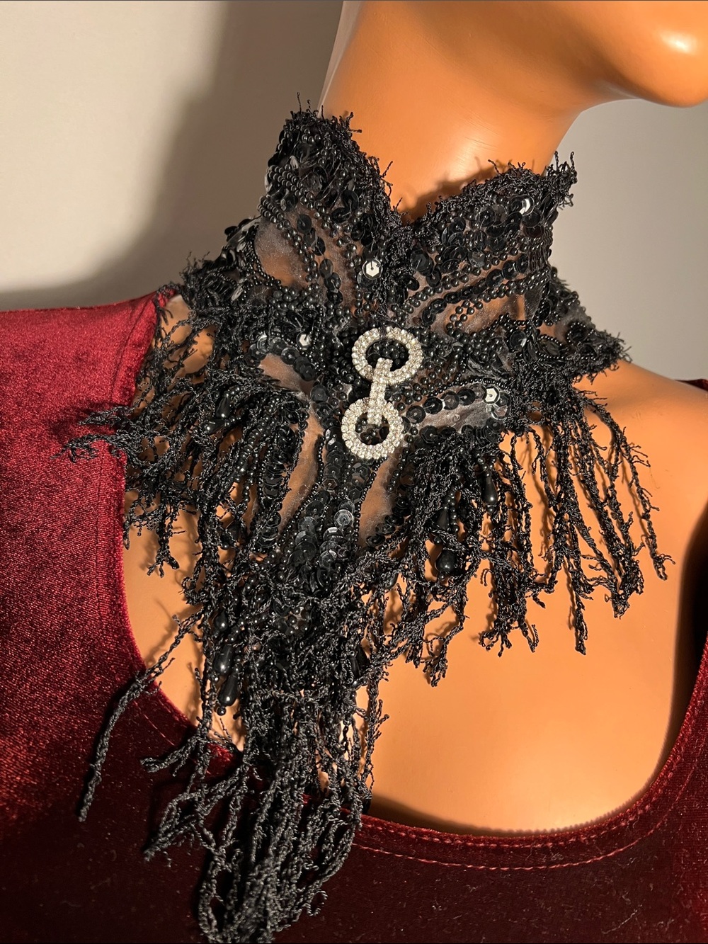 Black Beaded Fringe Statement Necklace with Rhinestone Accent